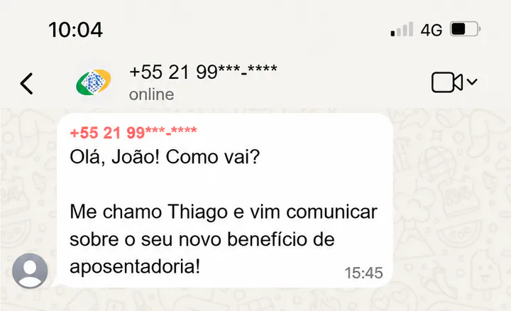 Mensagem falsa sobre benefício de aposentadoria